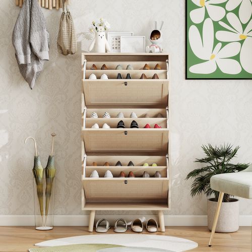 Armoire à Chaussures 3 Niveaux Couleur Naturelle Style Bohème, 60x24x121 Cm