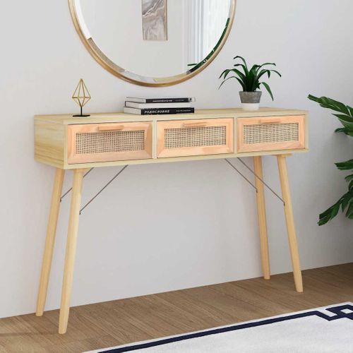 Table Console - Table D'entrée Marron 105x30x75cm Bois Massif Pin /rotin Naturel