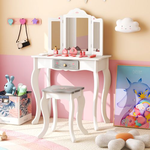 Coiffeuse Et Tabouret Enfants Avec Miroir 10 Jouets D'habillage Et Tiroir Pour 3+ Ans Blanc