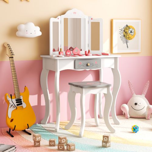 Coiffeuse Et Tabouret Enfants Avec Miroir 10 Jouets D'habillage Et Tiroir Pour 3+ Ans Blanc