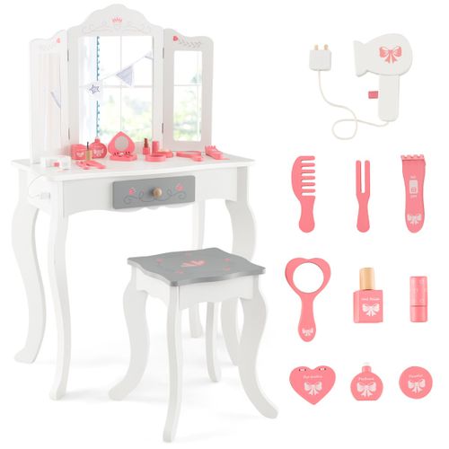 Coiffeuse Et Tabouret Enfants Avec Miroir 10 Jouets D'habillage Et Tiroir Pour 3+ Ans Blanc
