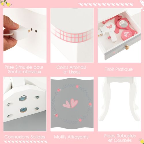 Coiffeuse Et Tabouret Enfants Avec Miroir 10 Jouets D'habillage Et Tiroir Pour 3+ Ans Blanc