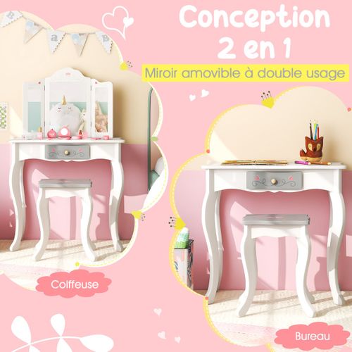 Coiffeuse Et Tabouret Enfants Avec Miroir 10 Jouets D'habillage Et Tiroir Pour 3+ Ans Blanc