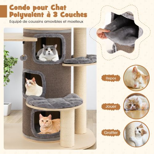 Arbre à Chat 173cm 3 Condos 2 Perchoirs Hamac Tour à Chat Griffoir Poteaux Sisal