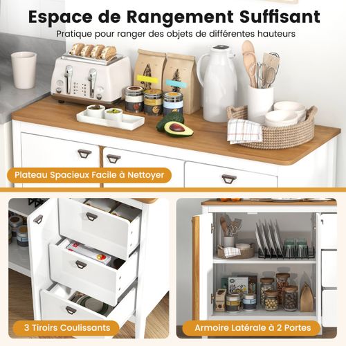 Buffet De Cuisine, Armoire De Cuisine 2 Portes Et 3 Tiroirs Coulissants 106x40x80cm Blanc Bois