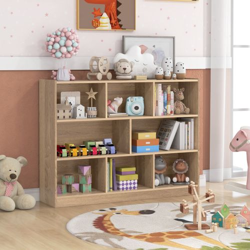 Bibliothèque Enfants, Étagère, Meuble De Rangement à 3 Niveaux Avec 8 Cases - 122x32x93cm Naturel