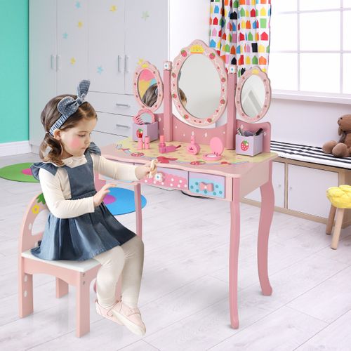 Coiffeuse Enfants Avec Miroir Amovible 3 Tiroirs 2 Boîtes De Style Princesse Pour Filles Rose