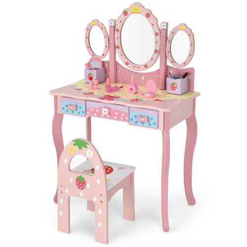 Coiffeuse Enfants Avec Miroir Amovible 3 Tiroirs 2 Boîtes De Style Princesse Pour Filles Rose