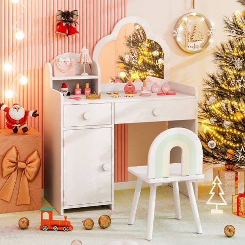 Coiffeuse Enfants Avec Chaise Miroir En Forme De Nuage Etagère Ouverte Tiroirs Pour 3-7 Ans Blanc