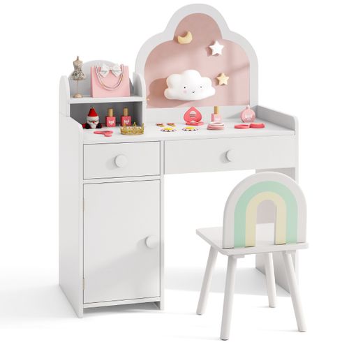 Coiffeuse Enfants Avec Chaise Miroir En Forme De Nuage Etagère Ouverte Tiroirs Pour 3-7 Ans Blanc