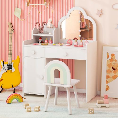 Coiffeuse Enfants Avec Chaise Miroir En Forme De Nuage Etagère Ouverte Tiroirs Pour 3-7 Ans Blanc