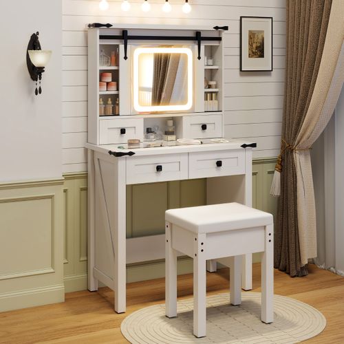 Coiffeuse Avec Miroir LED ANWBROAD - 80x40x137cm - Blanc - 2 Tiroirs, 5 Étagères - Tabouret Inclus