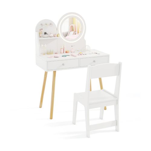 Ensemble De Coiffeuse Enfants, Table De Maquillage Et Chaise Avec Miroir Éclairé Blanc