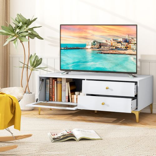 Meuble TV Banc TV Console TV Avec 2 Tiroirs 1 Porte Rabattable - 120x62x46 Cm Blanc