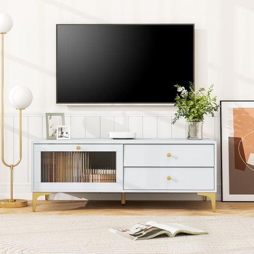 Meuble TV Banc TV Console TV Avec 2 Tiroirs 1 Porte Rabattable - 120x62x46 Cm Blanc