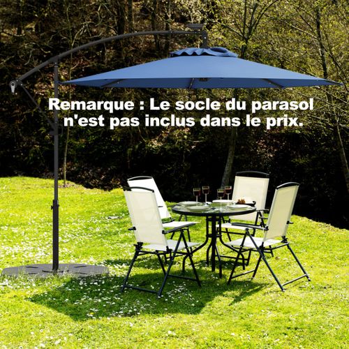 Parasol Déporté 3m Avec 24 Lumières LED Solaires Rotatif 360° Angle Réglage Base Croisée Manivelle