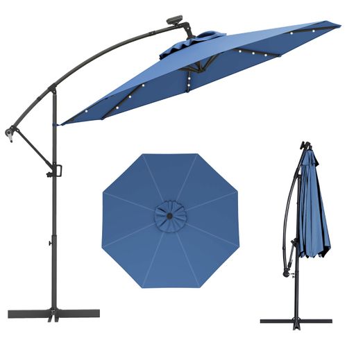 Parasol Déporté 3m Avec 24 Lumières LED Solaires Rotatif 360° Angle Réglage Base Croisée Manivelle
