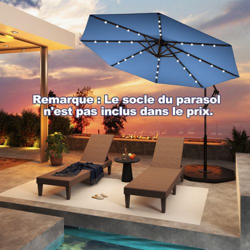 Parasol Déporté 3m Avec 24 Lumières LED Solaires Rotatif 360° Angle Réglage Base Croisée Manivelle