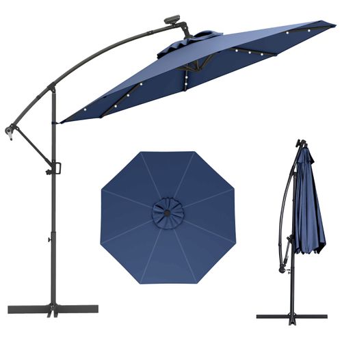 Parasol Déporté 3m Avec 24 Lumières LED Solaires Rotatif 360° Angle Réglage Base Croisée Manivelle