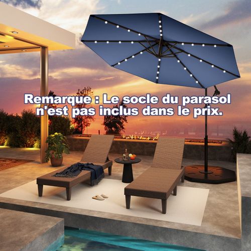 Parasol Déporté 3m Avec 24 Lumières LED Solaires Rotatif 360° Angle Réglage Base Croisée Manivelle