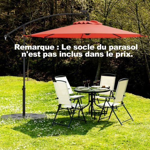 Parasol Déporté 3m Avec 24 Lumières LED Solaires Rotatif 360° Angle Réglage Base Croisée Manivelle
