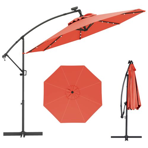 Parasol Déporté 3m Avec 24 Lumières LED Solaires Rotatif 360° Angle Réglage Base Croisée Manivelle