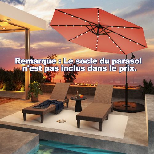 Parasol Déporté 3m Avec 24 Lumières LED Solaires Rotatif 360° Angle Réglage Base Croisée Manivelle
