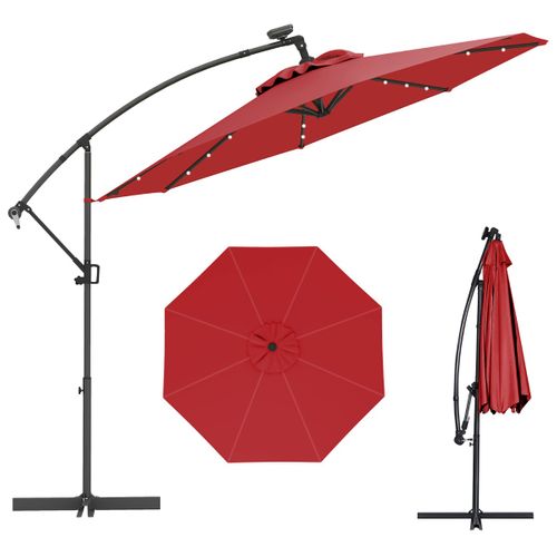 Parasol Déporté 3m Avec 24 Lumières LED Solaires Rotatif 360° Angle Réglage Base Croisée Manivelle