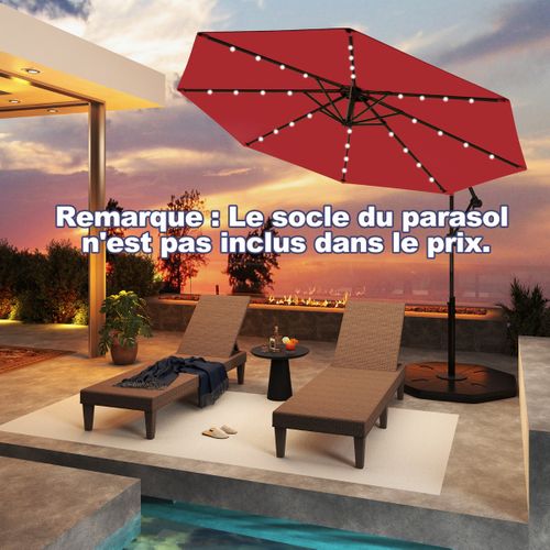 Parasol Déporté 3m Avec 24 Lumières LED Solaires Rotatif 360° Angle Réglage Base Croisée Manivelle