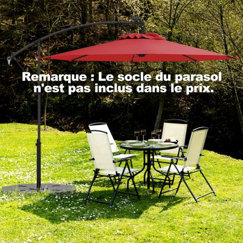 Parasol Déporté 3m Avec 24 Lumières LED Solaires Rotatif 360° Angle Réglage Base Croisée Manivelle