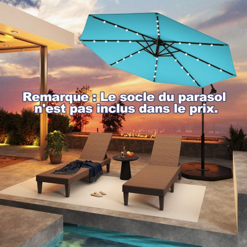 Parasol Déporté 3m Avec 24 Lumières LED Solaires Rotatif 360° Angle Réglage Base Croisée Manivelle