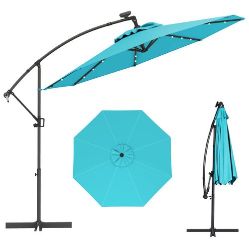 Parasol Déporté 3m Avec 24 Lumières LED Solaires Rotatif 360° Angle Réglage Base Croisée Manivelle