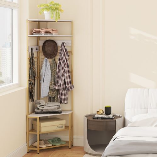 Vestiaire Porte-manteau D’angle à 5 Niveaux Avec Rangement Pour Chaussures 12 Crochets En Métal