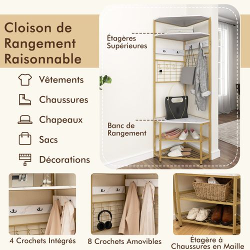 Vestiaire Porte-manteau D’angle à 5 Niveaux Avec Rangement Pour Chaussures 12 Crochets En Métal