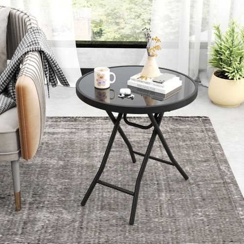 Table De Jardin Table Basse Extérieur Ronde Pliante Avec Plateau En Verre Trempé Charge 50 Kg Noir
