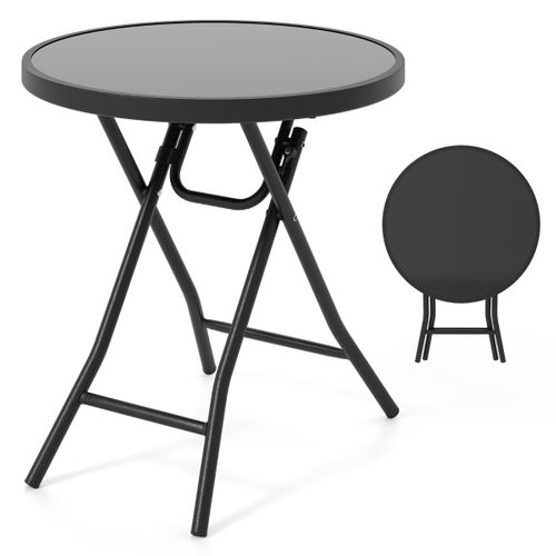 Table De Jardin Table Basse Extérieur Ronde Pliante Avec Plateau En Verre Trempé Charge 50 Kg Noir
