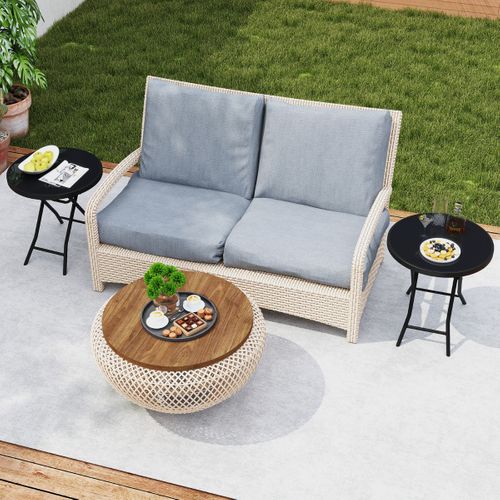 Table De Jardin Table Basse Extérieur Ronde Pliante Avec Plateau En Verre Trempé Charge 50 Kg Noir