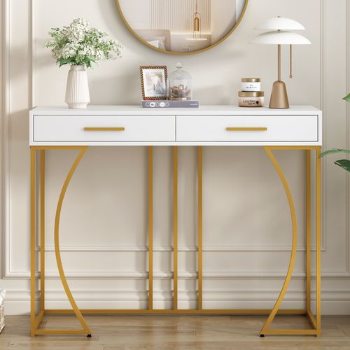Console Avec 2 Tiroirs - Style Moderne - Blanc Et Doré