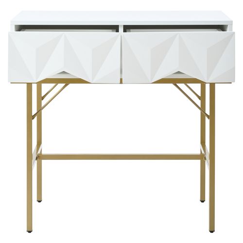 Table Console Moderne, Design Creux à 2 Tiroirs, Blanc Et Doré