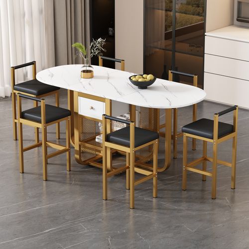 Ensemble Table Et 6 Chaises - Table Extensible Avec Tiroirs - Chaises Similicuir - Blanc/doré
