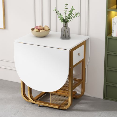 Table à Manger Pliante Avec 2 Tiroirs Et Étagère - Panneaux De Particules - Blanc Et Doré