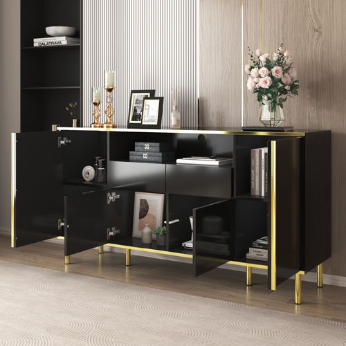 Buffet Avec LED - 4 Portes 2 Tiroirs - Surface Brillante - Style Contemporain - Noir