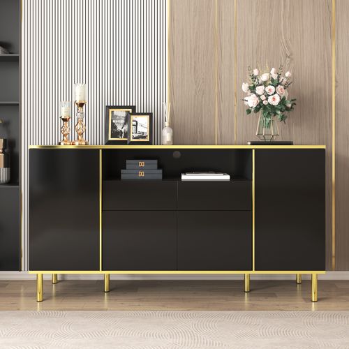 Buffet Avec LED - 4 Portes 2 Tiroirs - Surface Brillante - Style Contemporain - Noir