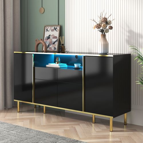 Buffet Avec LED - 4 Portes 2 Tiroirs - Surface Brillante - Style Contemporain - Noir
