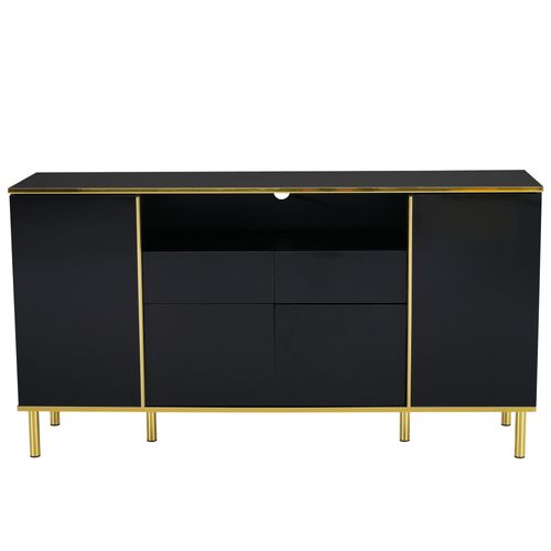 Buffet Avec LED - 4 Portes 2 Tiroirs - Surface Brillante - Style Contemporain - Noir