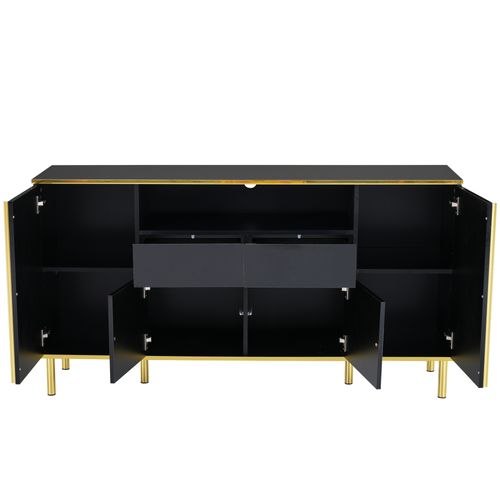 Buffet Avec LED - 4 Portes 2 Tiroirs - Surface Brillante - Style Contemporain - Noir