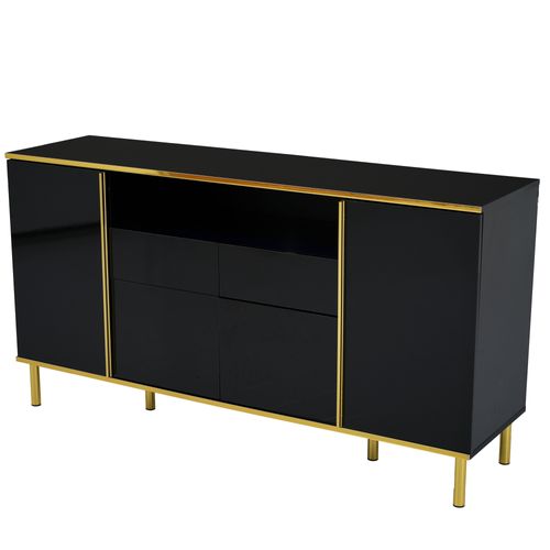 Buffet Avec LED - 4 Portes 2 Tiroirs - Surface Brillante - Style Contemporain - Noir