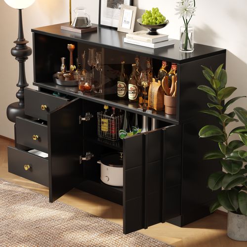 Buffet Moderne - 3 Tiroirs、2 Étagères Et Cloison Vitrée - Mdf - Noir