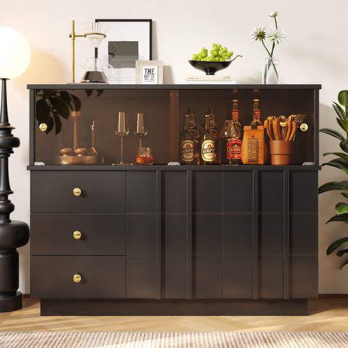 Buffet Moderne - 3 Tiroirs、2 Étagères Et Cloison Vitrée - Mdf - Noir
