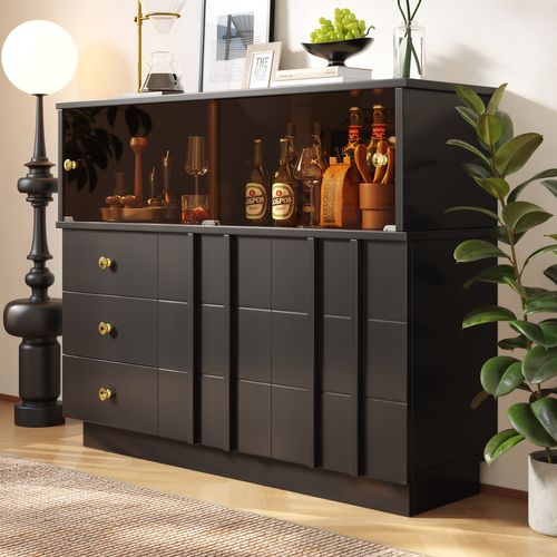 Buffet Moderne - 3 Tiroirs、2 Étagères Et Cloison Vitrée - Mdf - Noir